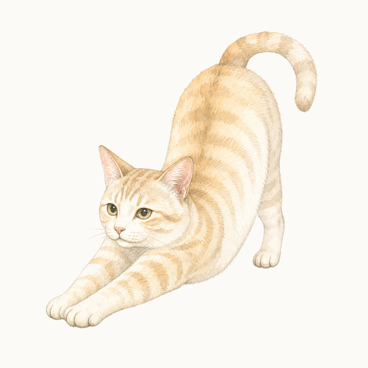 伸びをしているクリーム色の猫の水彩イラスト